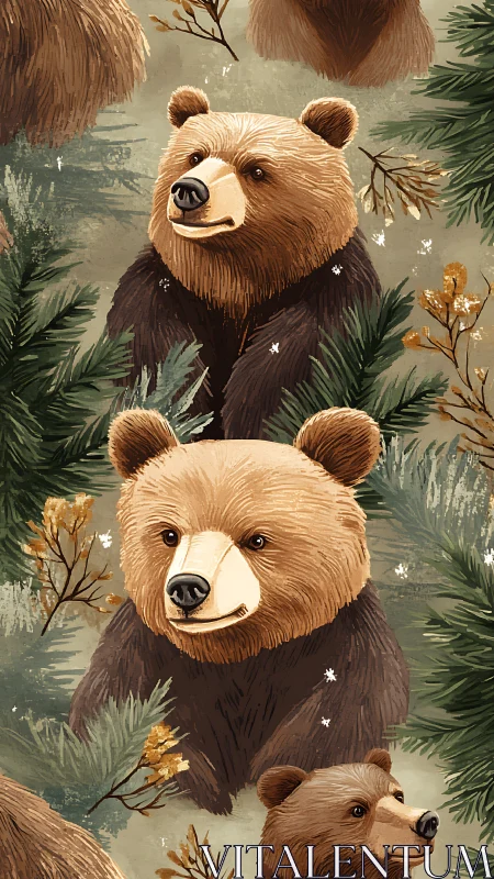 Playful brown bears amid pine forest foliage pattern.