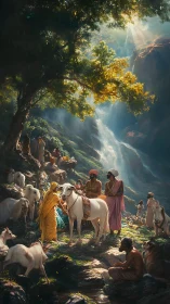 Sunlit village gathering with gentle cattle by a waterfall.