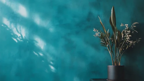 Botanical still life against teal textured wall in soft light.