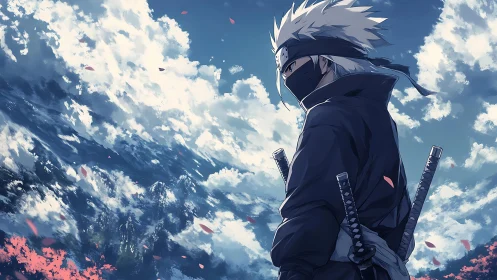 Quiet masked warrior gazing into a wide, windswept sky.