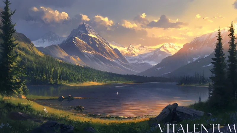 Sunlit alpine lake below snow peaks at golden hour.