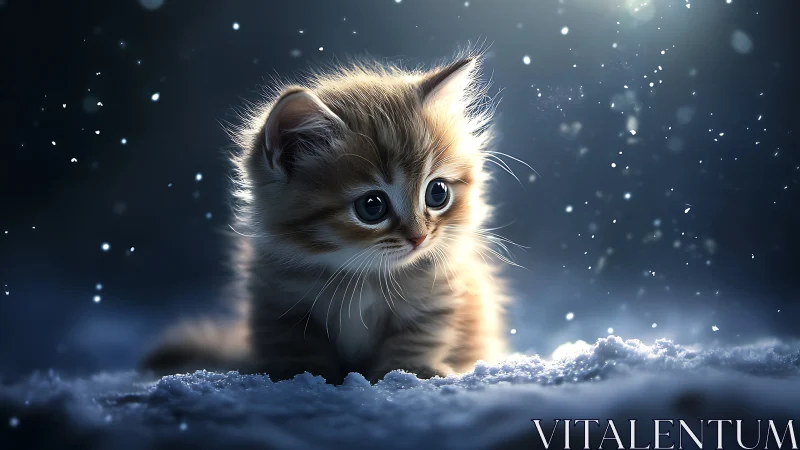 Kitten in Snow with Ethereal Light and Particles.