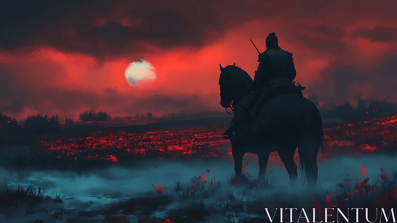 Armored rider surveys crimson battlefield under diffuse red sun