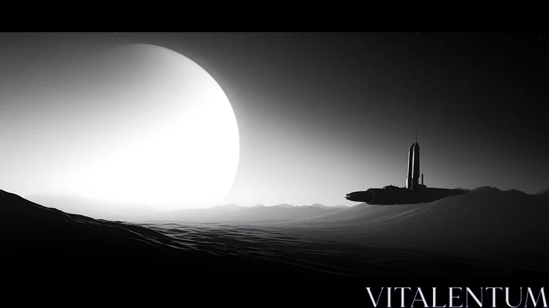 Silent rocket at moonrise over whispering alien dunes.