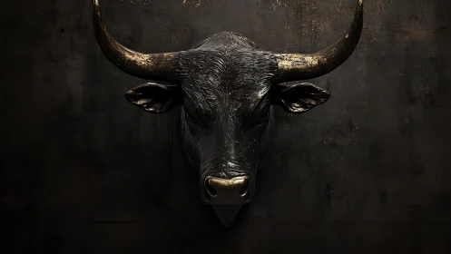Textured bronze bull head sculpture on dark patinated wall