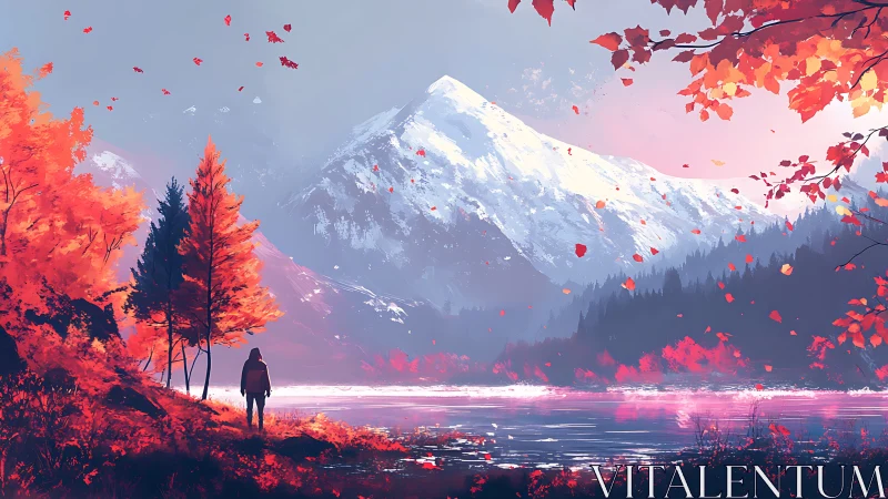 Solitary wanderer trades footsteps for firebright autumn dreams