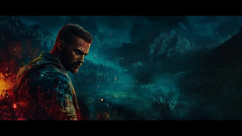 Battle-hardened soldier stands before burning mountain valley