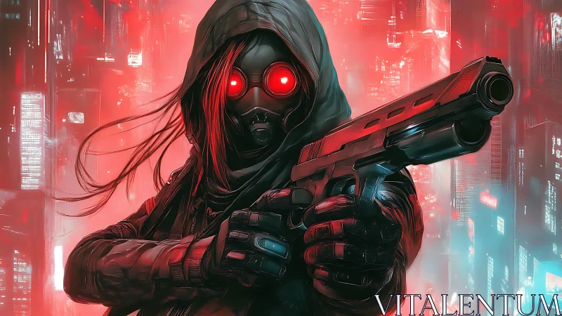 Neon-eyed rogue levels a pistol at the trembling skyline