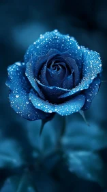 Crystalline Blue Rose with Hydrophobic Dewdrop Refraction.