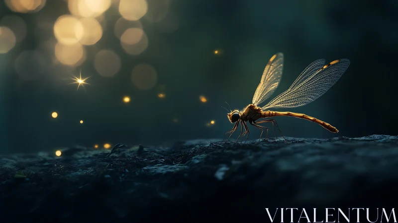 Dragonfly resting in soft golden forest twilight glow.