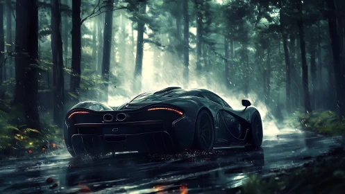 Storm-lashed hypercar slices through a shadowed forest road.