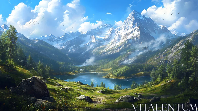 Mountain lake landscape sits beneath bright blue summer sky