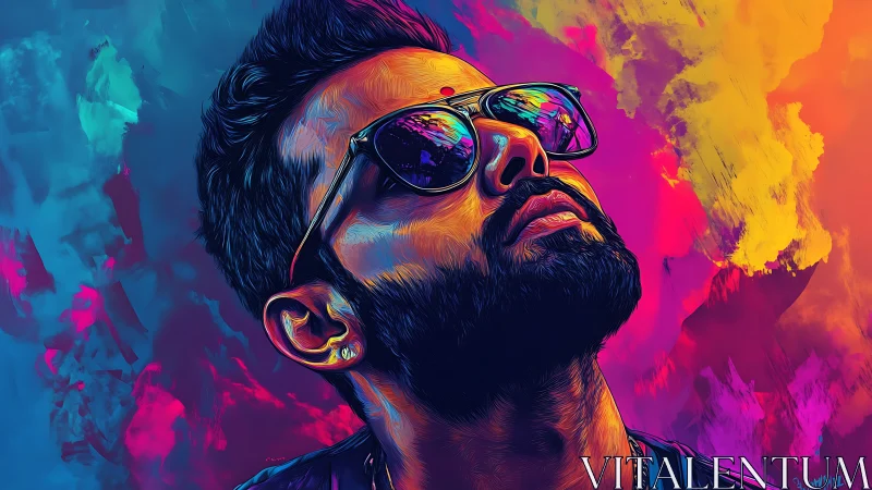 Neon-lit portrait gazes upward in a storm of electric color