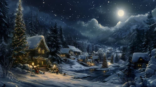 Snowy mountain village with glowing Christmas cabins at night.