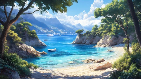 Mediterranean Cove Landscape with Turquoise Waters and Alpine Backdrop.