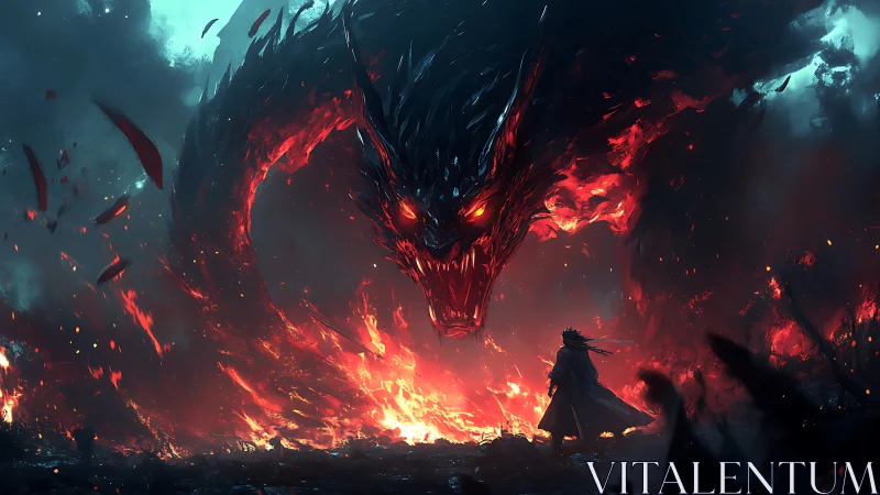 Human figure confronts large fire-formed dragon in dark void
