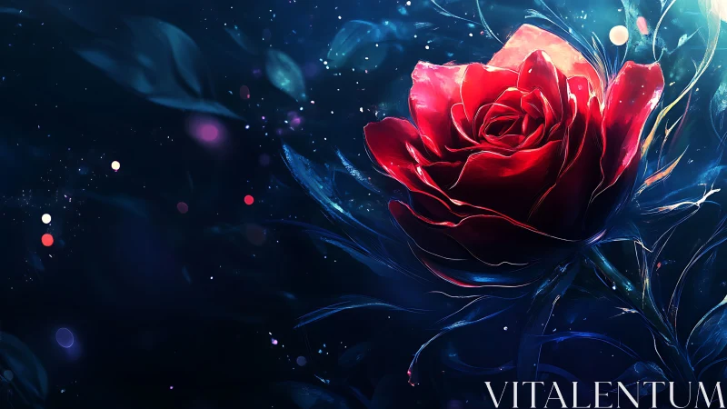Luminous crimson rose blooming in a deep cosmic night.