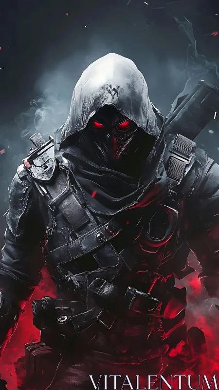 Hooded armored figure stands in red and gray atmospheric field