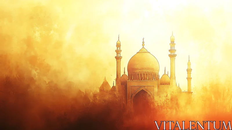 Golden desert palace rising through luminous sun haze.