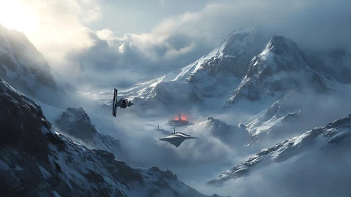 Starcraft descend over a frozen fortress in misty peaks.