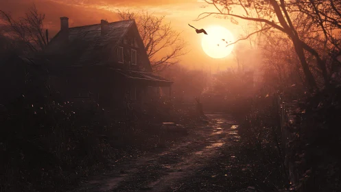 Isolated house at dusk with overgrown path and low sun.