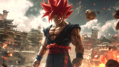 Red haired muscular fighter in ruined urban landscape.