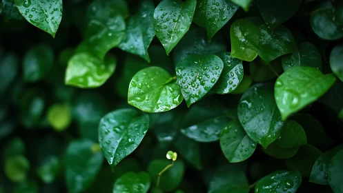 Gentle green leaves kissed by fresh raindrops after rain.