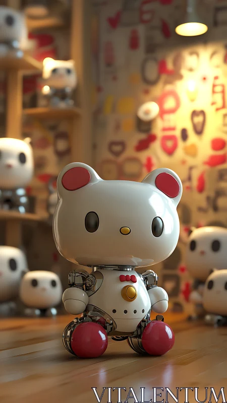 Cute chibi robot cat rendered in high-gloss 3D studio lighting
