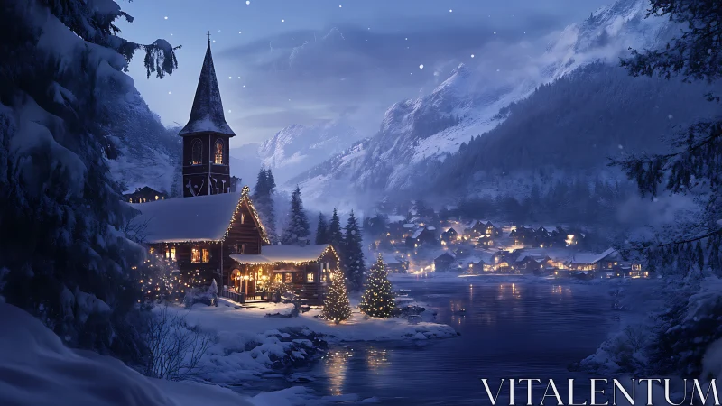 Snowy alpine village glows under winter night sky