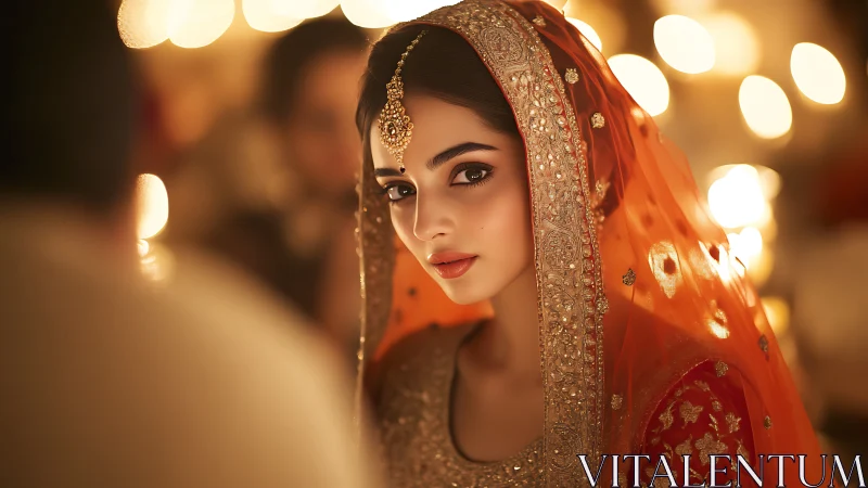 Portrait of woman in ornate orange traditional attire indoors.