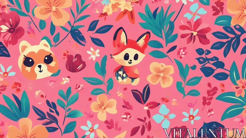 Playful fox and raccoon in stylized floral pink pattern.