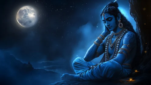 Blue-skinned deity figure sits in moonlit cave at night