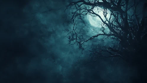 Full moon glows behind gnarled tree in dense night fog