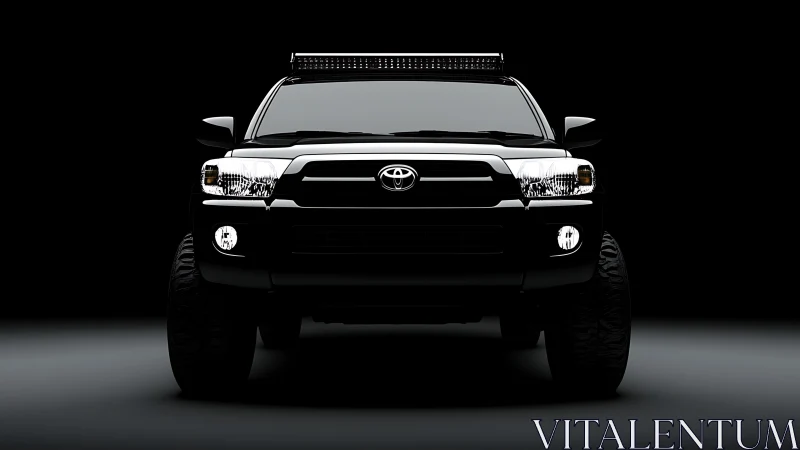Black Toyota SUV front view in dark studio lighting.