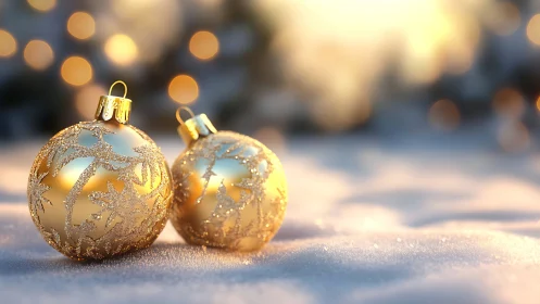 Golden glass ornaments rest on snow under warm bokeh glow.