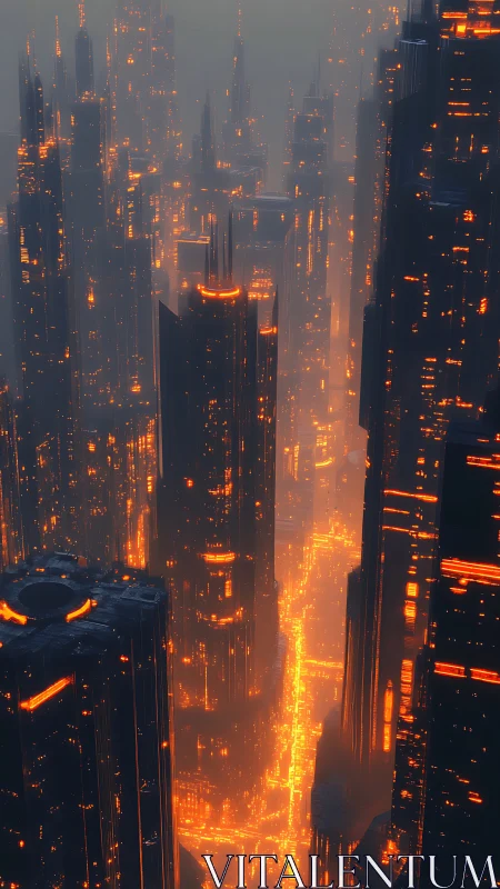 Neon magma skyline within towering cyberpunk spires.