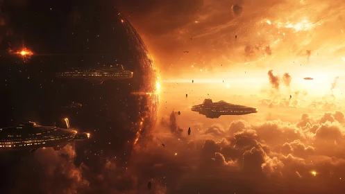 Massive sci fi fleet orbiting glowing planet at sunset.