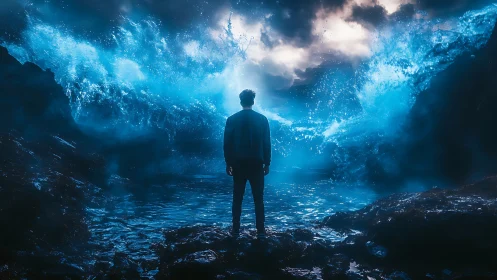 Backlit silhouette observes turbulent bioluminescent surf impact