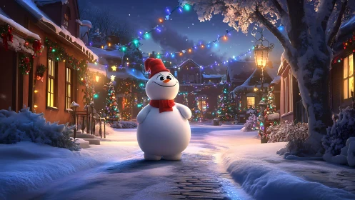 Smiling cartoon snowman animates a festive winter village street