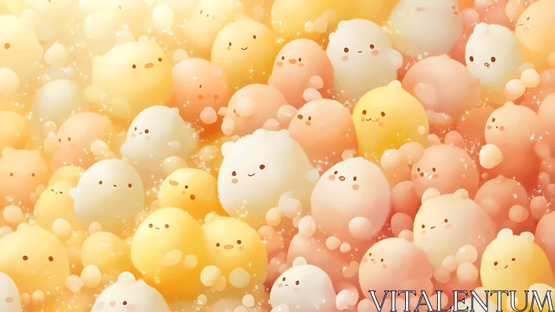 Chromatic gradient cluster of kawaii pastel bubble-creatures.