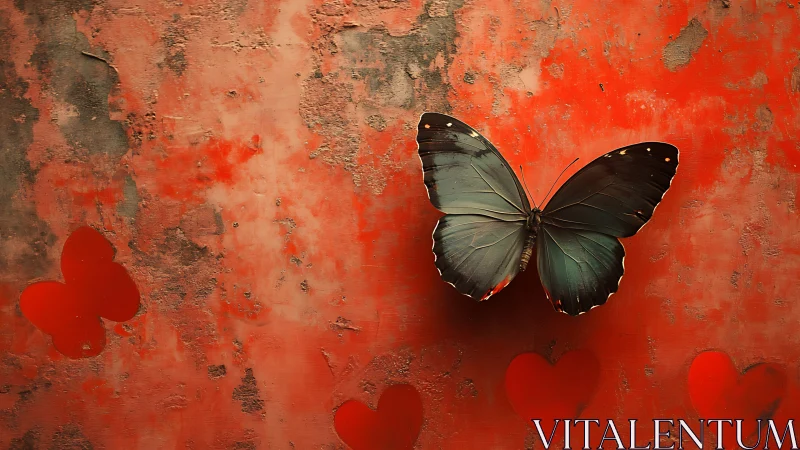 Blue butterfly rests on textured red wall with hearts