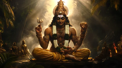 Divine four-armed deity meditating in rainforest chiaroscuro light