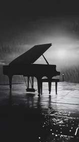 Rainlit piano waiting softly beneath a stormy skyline.