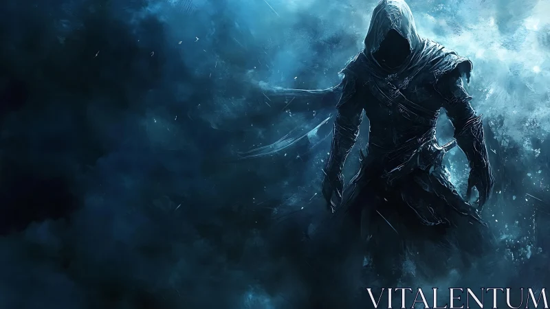 Hooded shadow assassin emerges through icy blue storm
