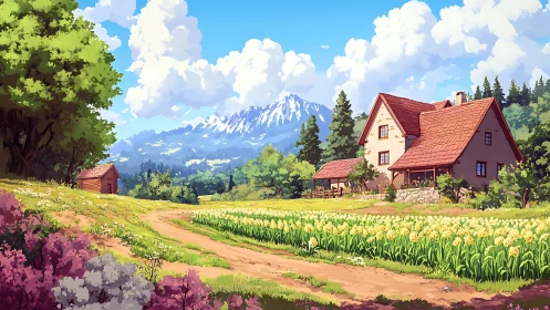 Rural farmhouse and flower fields under distant mountains.