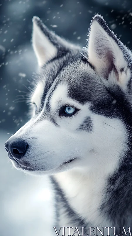 Husky dog with blue eyes stands in falling winter snow outdoors