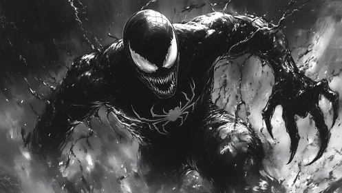 Symbiotic antihero lunges forward in inky monochrome fury.