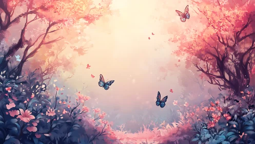 Gentle butterfly grove glowing with soft pastel daydream light.