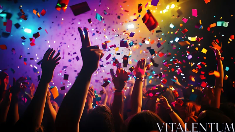 Crowd celebrating under bright confetti and stage lights.