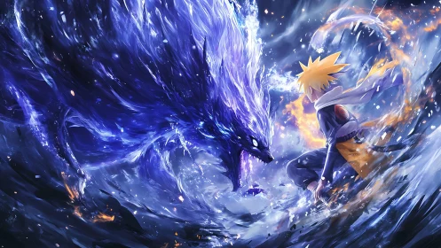 Storm-lit ninja duel with blazing spirit beast fury.